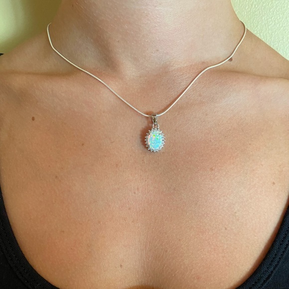 Sterling Silver Lab Created Opal and Cz Necklace - Picture 12 of 16